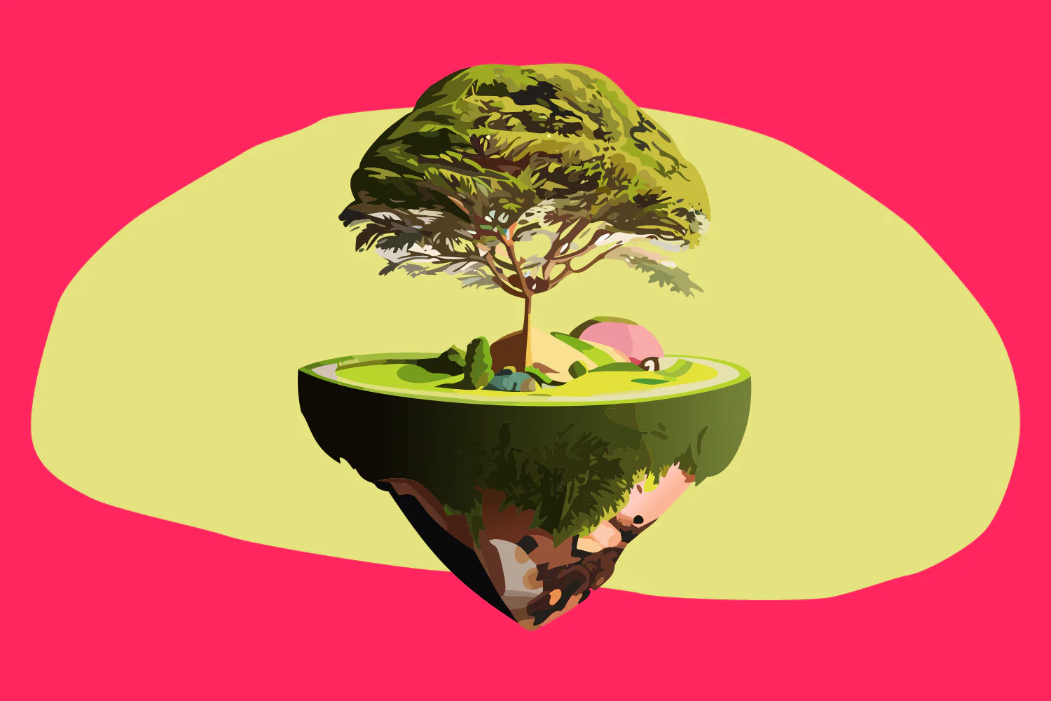ilustração de uma árvore sobre um gramado em uma ilha flutuante de terra