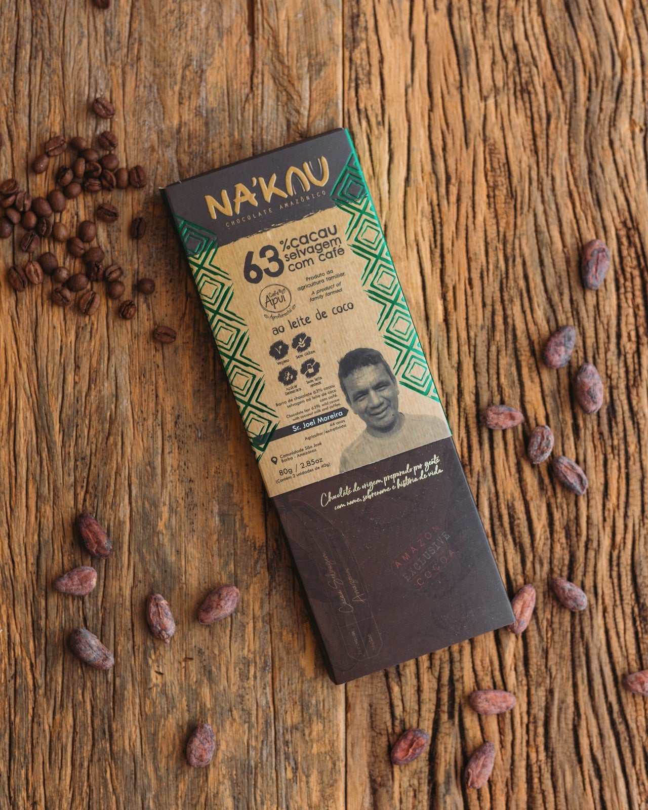 Chocolate Na'kau 63% cacau ao leite de coco com Café Apuí